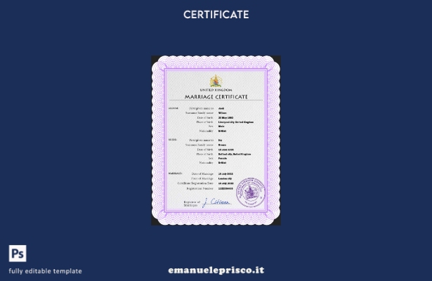 modello PSD di certificato di matrimonio del Regno Unito in stile verificato, mo